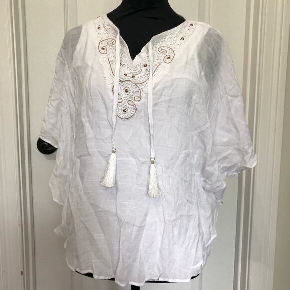 JM Collection Women's Blouse Embroidered Beaded Tassel V-Neck White Petite Large - Picture 2 of 11